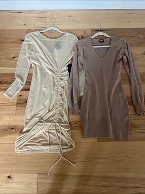 Bebe bundle mesh Beige Ruched Long Sleeve Dress sweater dress w sheer sleeves M
